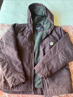 Carhartt Brown Hooded Work Coat with Sherpa Lining